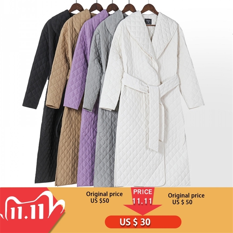 Toppies autumn winter coat womens argyle long jacket thin parkas double breasted belt coat plaid 201103wtt