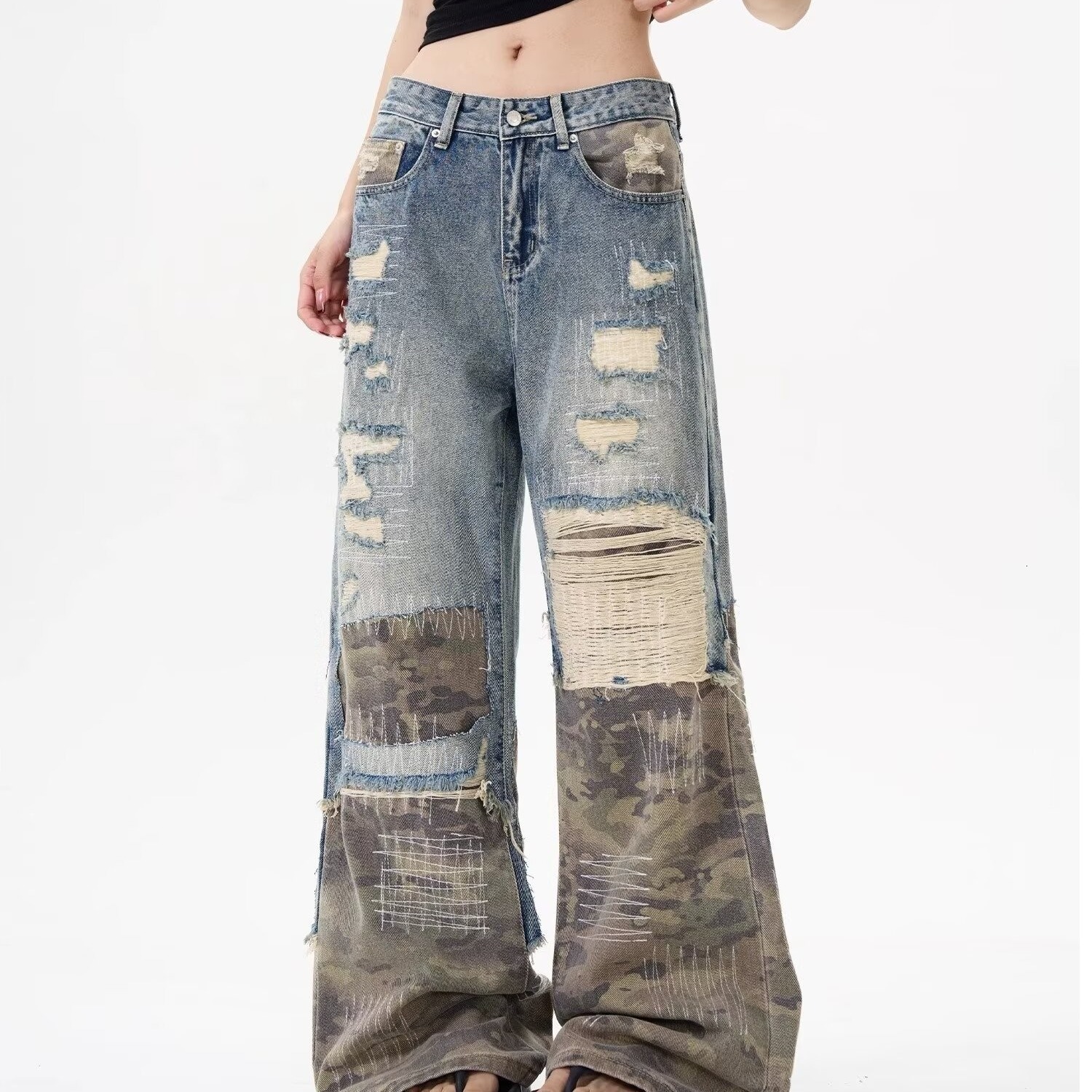 Gothic Men Women Vintage Leopard Jeans Y2K Clothes Hip Hop Letter Patchwork Embroidery Baggy Shorts Mid-rise Wide Leg Trousers 250731