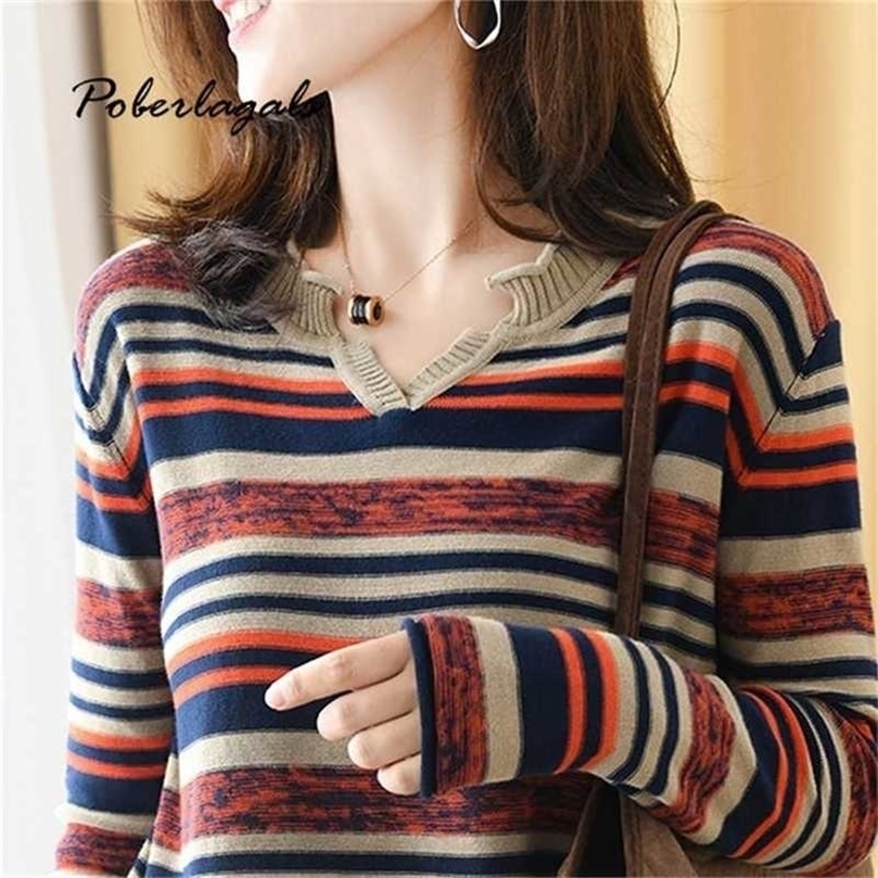 Pull femme Loose stripe Sweater pullovers Autumn Winter Korean Pullover casual knitted ladies sweater womens jumper 211123wtt