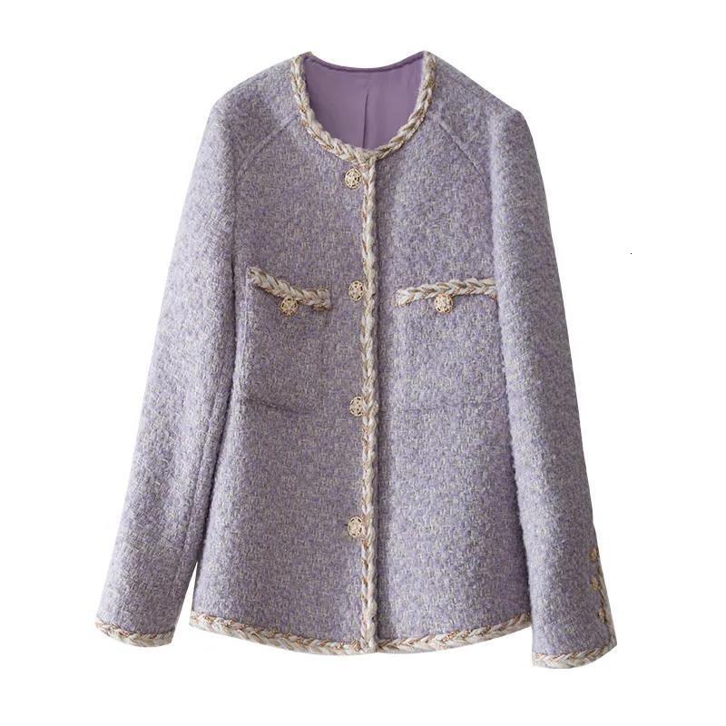 2025 European fashion style women's clothing lavender tweed cardigan top composite short design designer small autumn and winter coarse wool coat