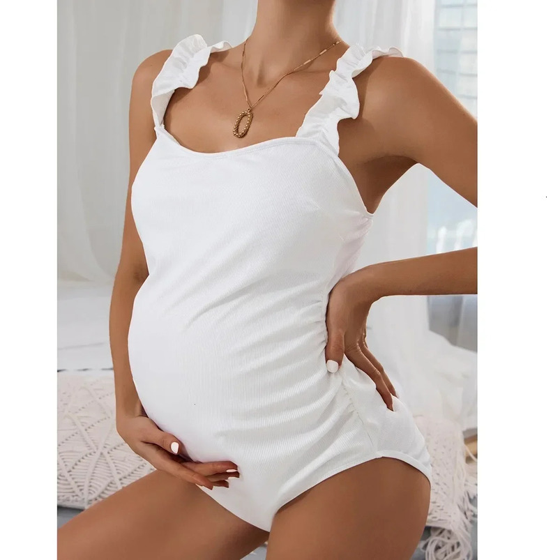 Summer Solid White Pregnant Womens Swimsuit Ruffles Strap Maternity One Piece Swimwear Bathing Suit Premama Monokini Bikini 240530