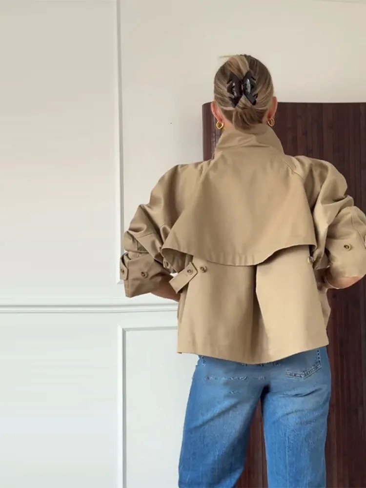 Fashion Womens Trench Jacket Stand Collar Single Breasted Long Sleeve Casual Outerwear 2025 Autumn Street Lady Short Coats 250929