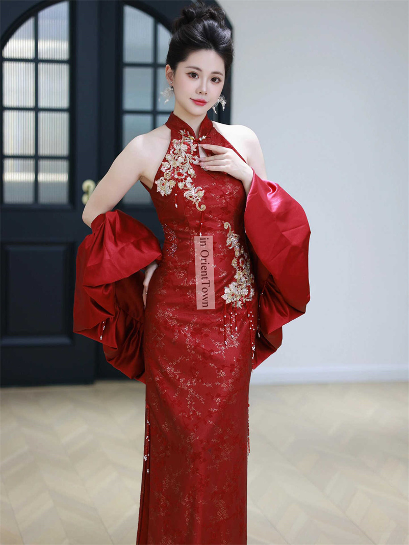 New Design Hanging-Neck Chinese Modified Evening Gown East Asian Beauty Qipao Dress for Bride Slimming Red Cheongsam in OrientTown TP96