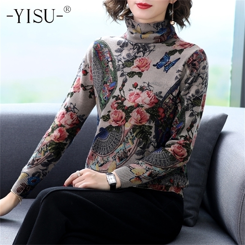 YISU turtleneck sweater women Long sleeve warm pullover fashion Chinese style Printed sweater jumper tops Knitted sweaters women 201030wtt
