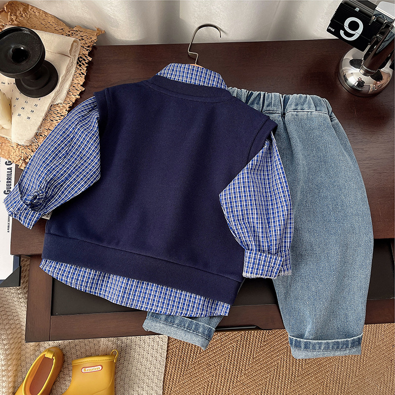 2025 New Spring Toddler Boys 3-Piece Set Sweater Vest Long-Sleeve Outfit Trendy Fashion for Spring & Autumn