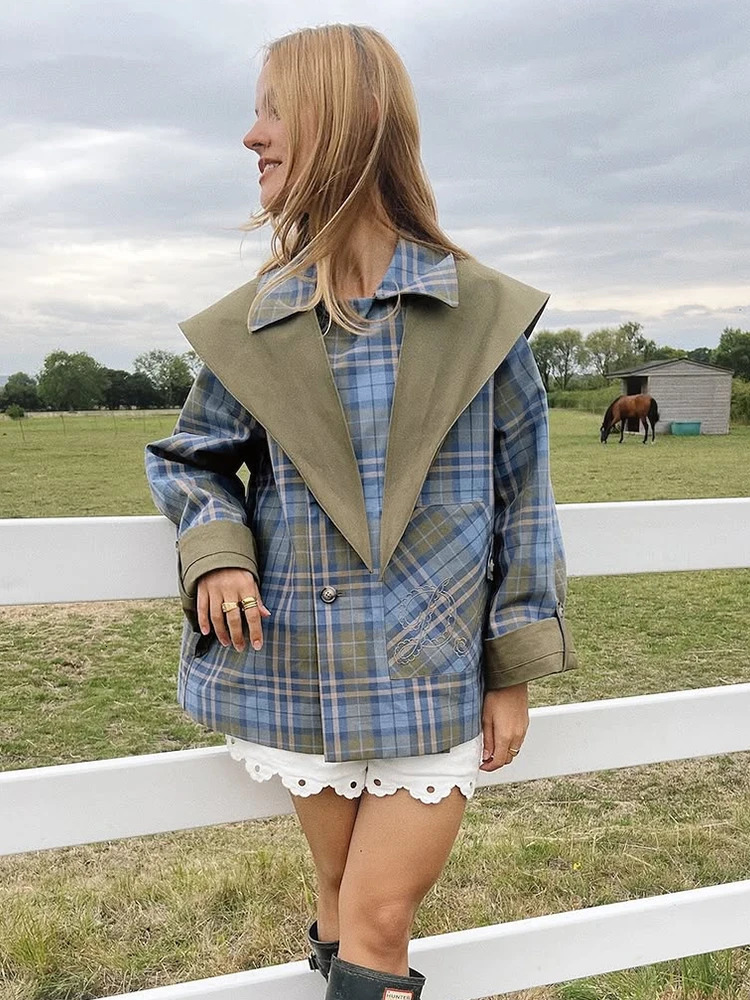Vintage Plaid Embroidery Reversible Trench Coat Women Single Breasted Pocket Long Sleeve Jacket 2025 Autumn Lady Streetwear 250929