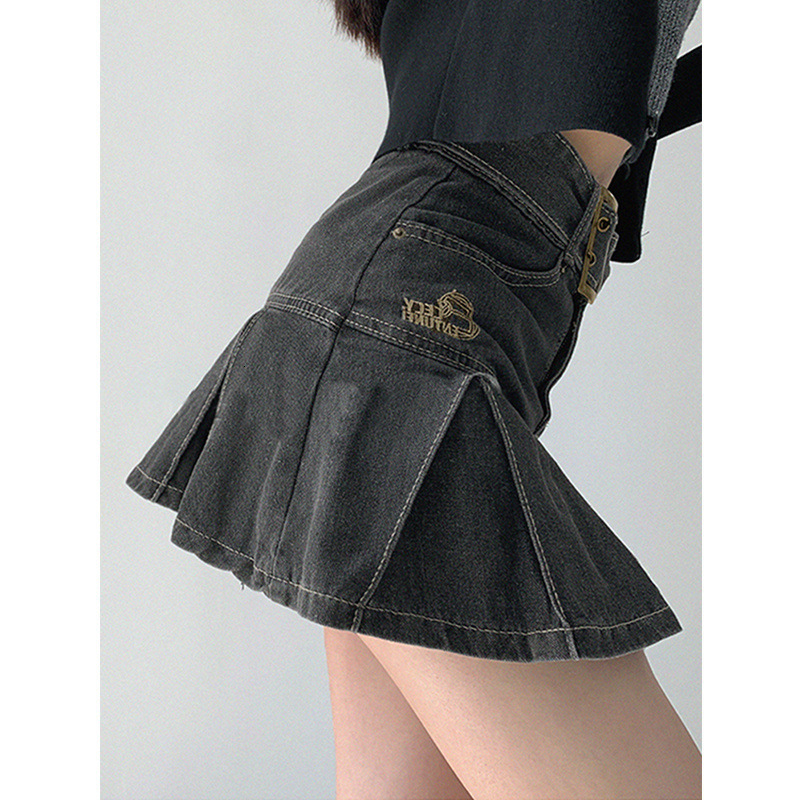 Spicy Girl Denim Skirt Women Summer Pleated Skirt 2025 High Waist Slimming Aline Short Skirt Trendy 250410