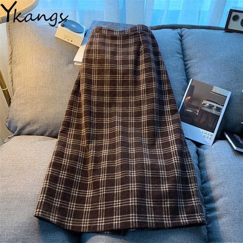 Corduroy Vintage Plaid Print Long Skirts Women Elastic High Waist Korean Skirt Winter Thicken Warm Brown Streetwear Midi Skirt 210619wtt