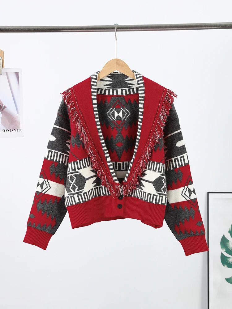 Tassel Patchwork Printed Cardigan Women Turndown Collar Long Sleeve Knitted Fashion Lady Sweater Vintage Autumn Cardigans 250929