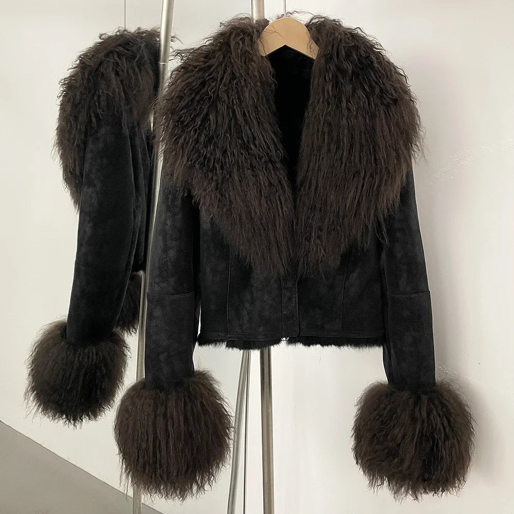 Real Mongolian Sheep Fur Coat 2025 Autumn Winter Suede Women with Long Sleeve Arrival Rabbit Lining Jacket 250930