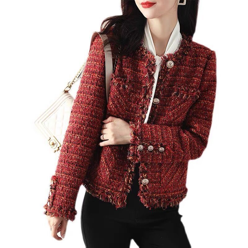 2025 Elegant Coarse Wool Short Coat design for Social New Year, Red Short Woven Jacket, Designer Jacket, Women's Floral and Tassel Top, Autumn/Wi
