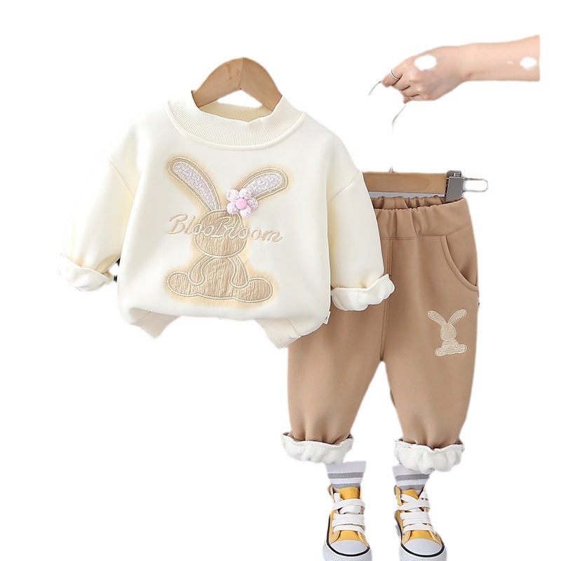 Toddler Girls' Winter Fleece-Lined Hoodie Set 2025 Korean-Style Fashion Thickened 2 Piece Outfit for Babies Pink Purple Khaki