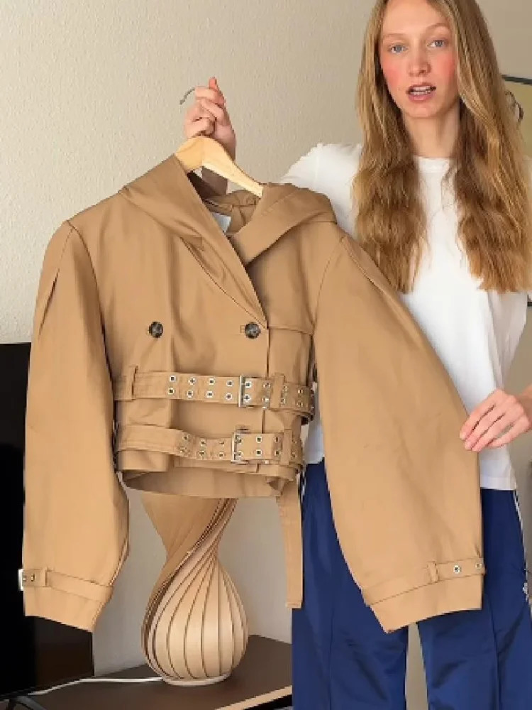 Chic Punk Trench Coat For Women Full Sleeve Loose Hooded Crop Jacket Lapel Bat Sleeve Long Coats 2025 Lady Y2k Fall Outwears 250929