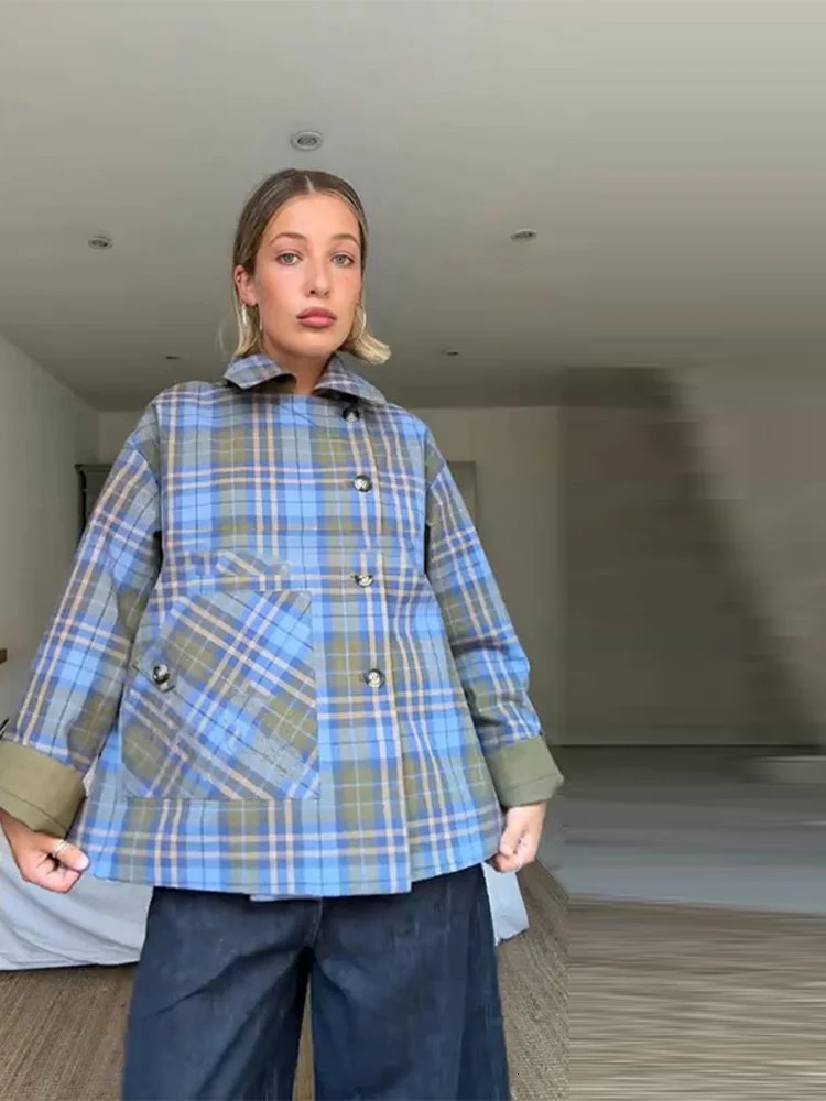 Vintage Plaid Embroidery Reversible Trench Coat Women Single Breasted Pocket Long Sleeve Jacket 2025 Autumn Lady Streetwear 250929