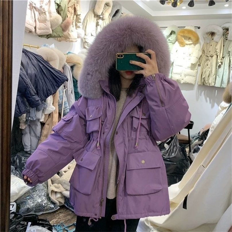 Large Natural Raccoon Fur Women Down Coat Winter Thick 90% White Duck Down Parka Female Hooded Short Jacket Loose Down Outerwear 211007wtt