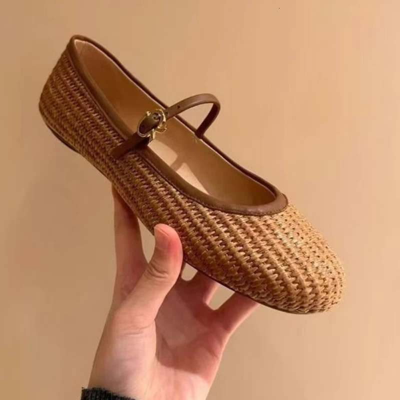 Spring Summer 2025 Style Shoes Weaving Hollow Out Sandals Square Toe Buckle Strap Flats Shoes Women 250930