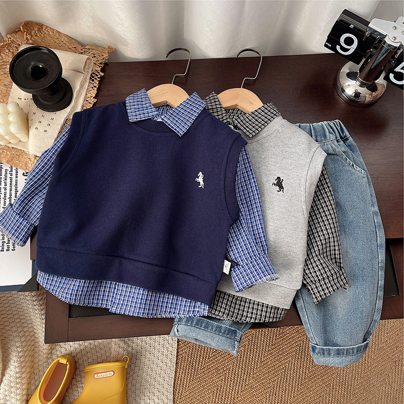 2025 New Spring Toddler Boys 3-Piece Set Sweater Vest Long-Sleeve Outfit Trendy Fashion for Spring & Autumn