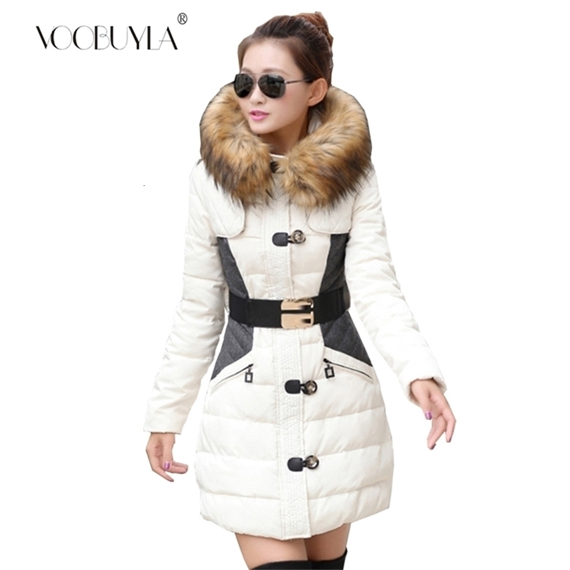 Fashion Clothing Fur Hooded Zipper Long Style Women Warm Coat Winter Parkas Coat Patchwork Belt Slim Parka Thick Warm Snow Wear 201110wtt