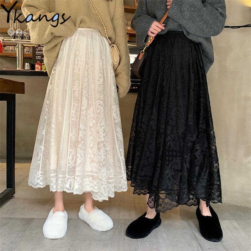 elegant Elastic High Waist Lace pleated skirt Womens Korean Elegant Casual A-line Black Long Skirt Female Summer clothes 210619wtt