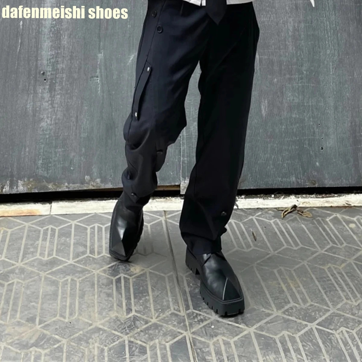 Rhino Horn Platform Leather Shoes for Women Black Lace Up Square Toe Fashion Shoes Novelty Derby Shoes 250922