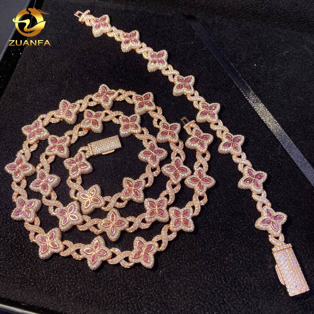 15mm Hot Sale Hip Hop Jewelry Marquise VVS Moissanite 925 Silver Iced Out Clover Bracelet Blue Pink Diamond Cuban Chain Necklace