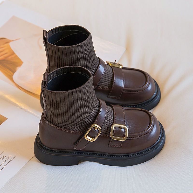 Autumn Winter Kids Fashion Boots Youth Buckle PU Knitted Girls Ankle Shoes Umshop Slip On Soft Bottom Toddler Socks Boots Sizes 23 - 36 U0292
