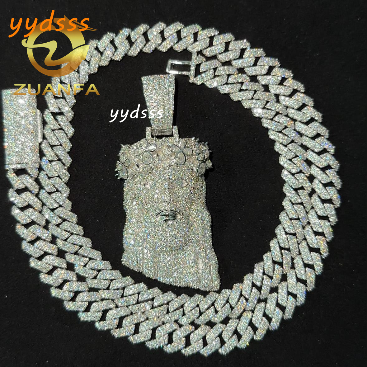 Fast Shipping 10mm Cuban Link Moissanite Chain Hip Hop Jewelry with Jesus Head Pendant Cuban Link 925 Silver Iced Out Cuban Set