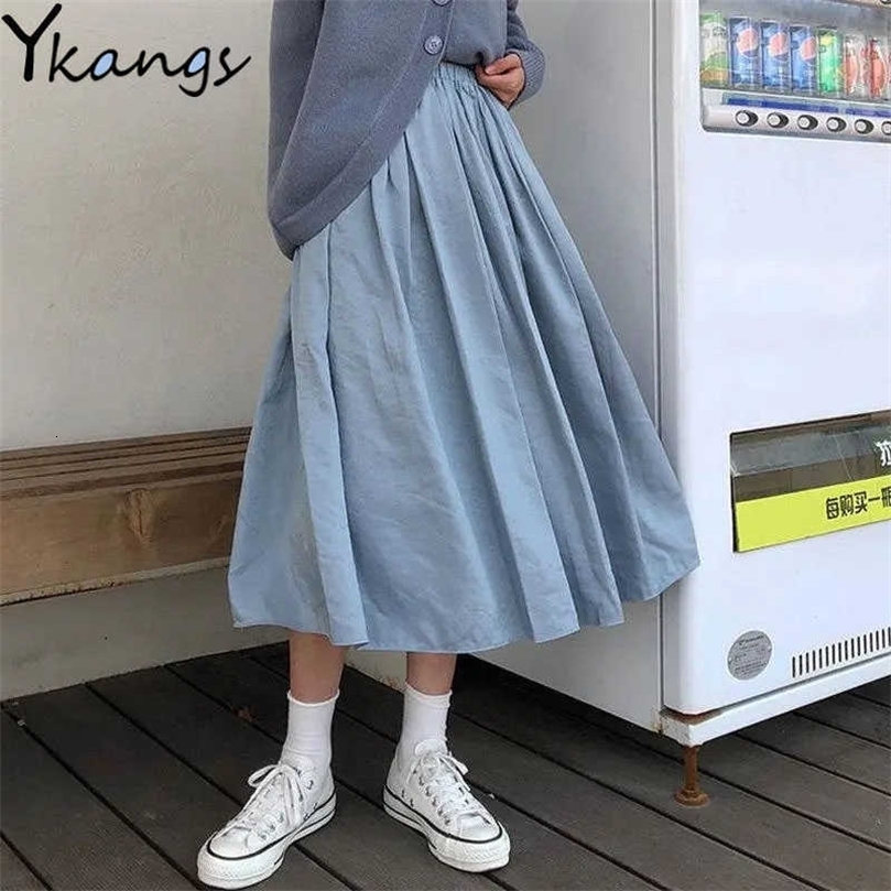 Spring And Summer Long Haze Blue Skirts Women High-Waisted Harajuku Elelgant Skits Japanese Style Campus Long Skirts 210619wtt