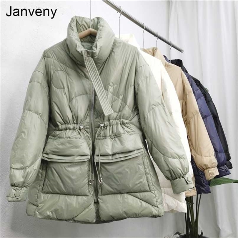 Janveny Winter Women Lightweight 90% White Duck Down Coat Thick Warm Long Sleeve Loose Puffer Jacket Pocket Snow Parkas 211007wtt
