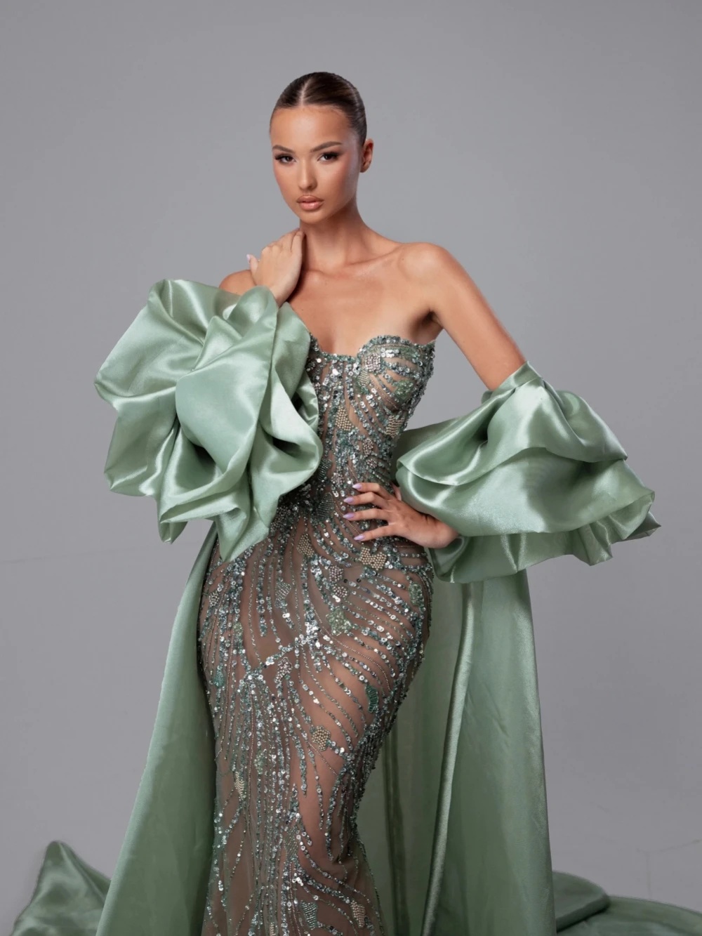 Stylish Mermaid Sequins Strapless Evening Dresses Illusion Prom Detachable Cape Party Dress Customized Vestidos de noche Plus Size
