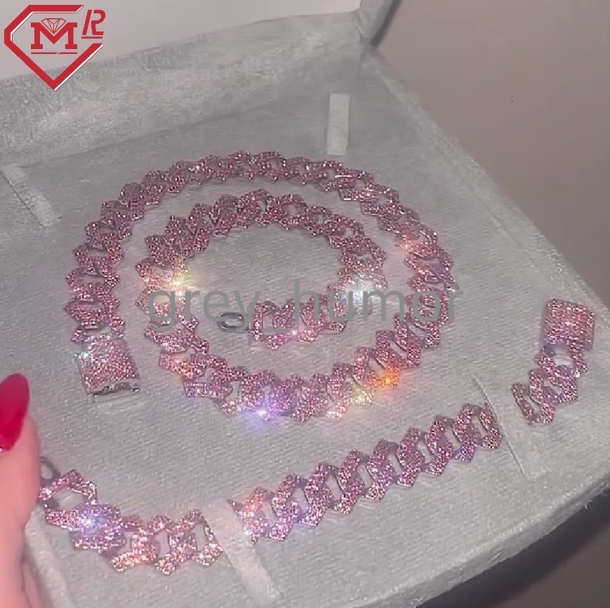 Iced Out Hiphop 15mm Cuban Link Chain Pink Moissanite Bracelet Necklace Set 925 Silver Moissanite Cuban Chain