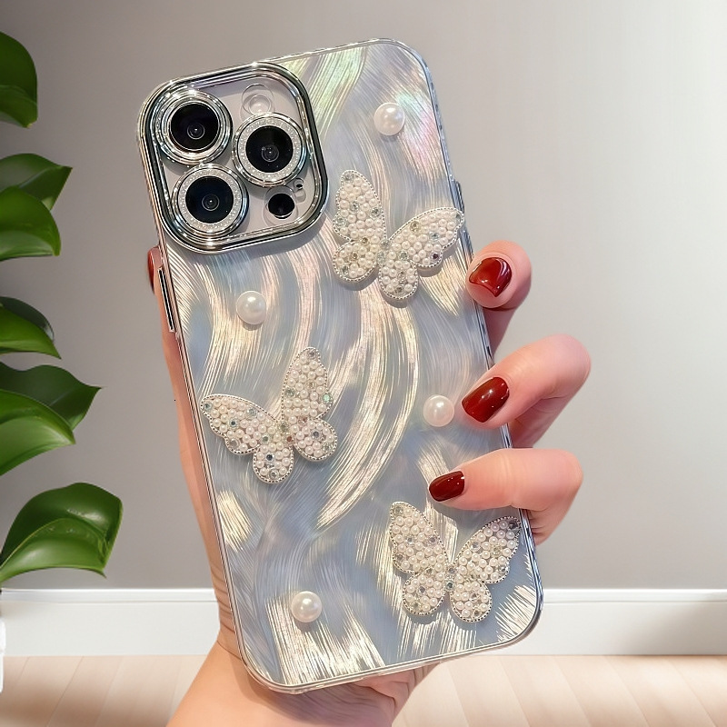 for iPhone 17 Pro Max Case Cute Bling for Women Girls, Luxury 3D Butterfly Design Shiny Glitter Rhinestone Pearl Camera Shockproof Protective Phone Ca