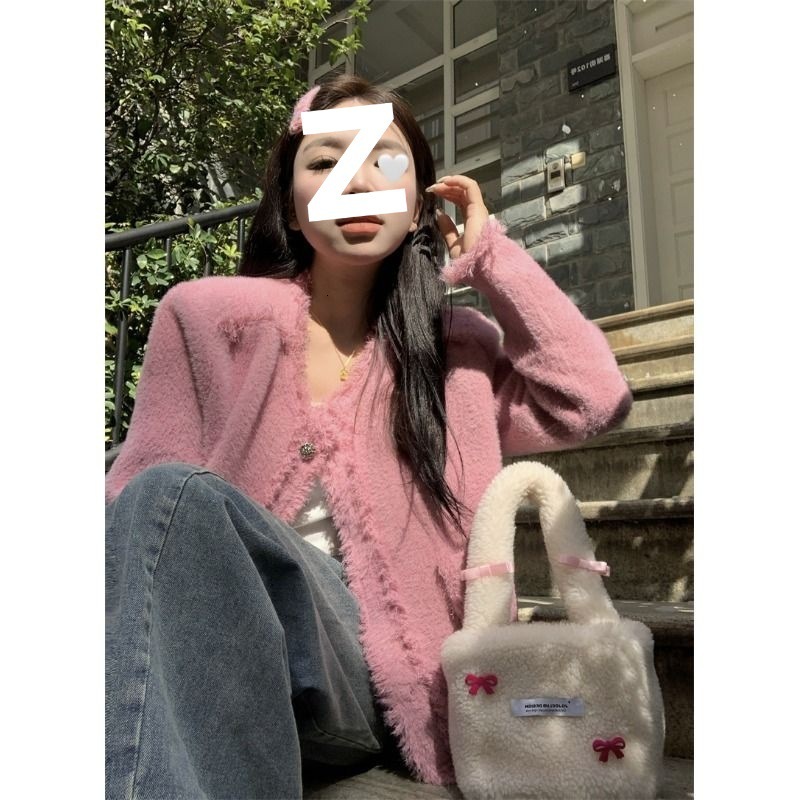 2025 Autumn/Winter New Korean Coarse Wool Short Top Style Loose Thick Elegant Tassel Knitted Women's cardigan Autumn/Winter New Designer design J