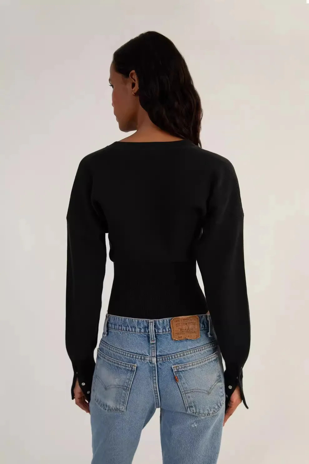 OREUND IRIs round neck single breasted knitted sweater short top with thin underneath 250930