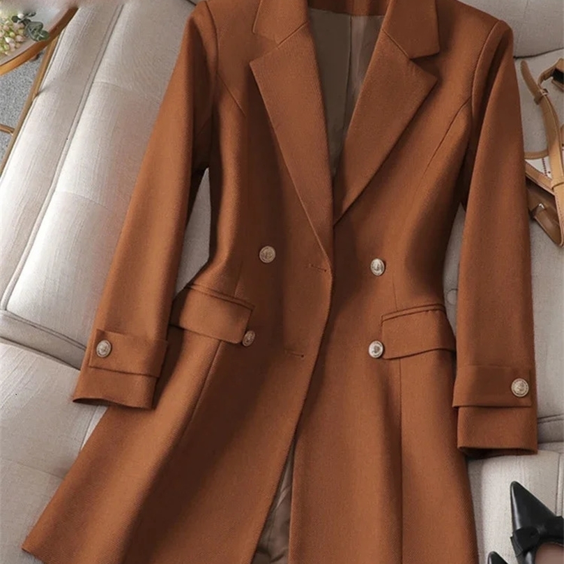 Yitimuceng Turn Down Collar Blazers for Women Fashion Solid Casual Double Breasted Coats Office Ladies Long Sleeve Jacket 250208