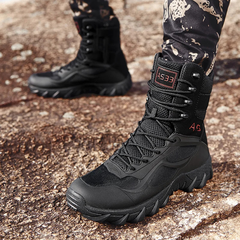 Men High Quality Leather Boots Work Safty Shoes Tactical Desert Combat Mens Boots Outdoor Hunting Shoes Ankle Boots 250930
