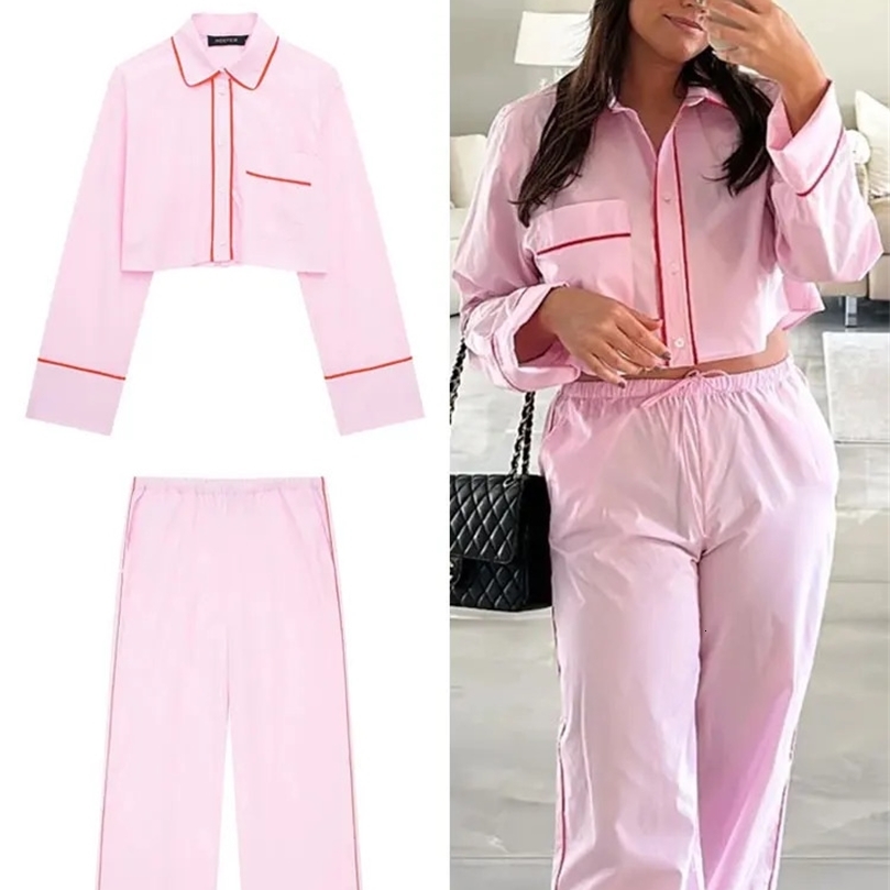 TRAFZA Women Elegant Pink Blouse Pant Suit Single Breasted Long Sleeve Shirt Drawstring Trousers Summer Female Streetwear Sets 250120