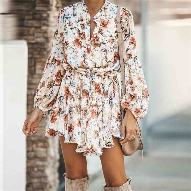 White Ruffled Mini Vintage Print Irregular Dress Autumn Clothing Lantern Sleeve Elegant Chiffon Dress Lace up Slim Streetwear 210325