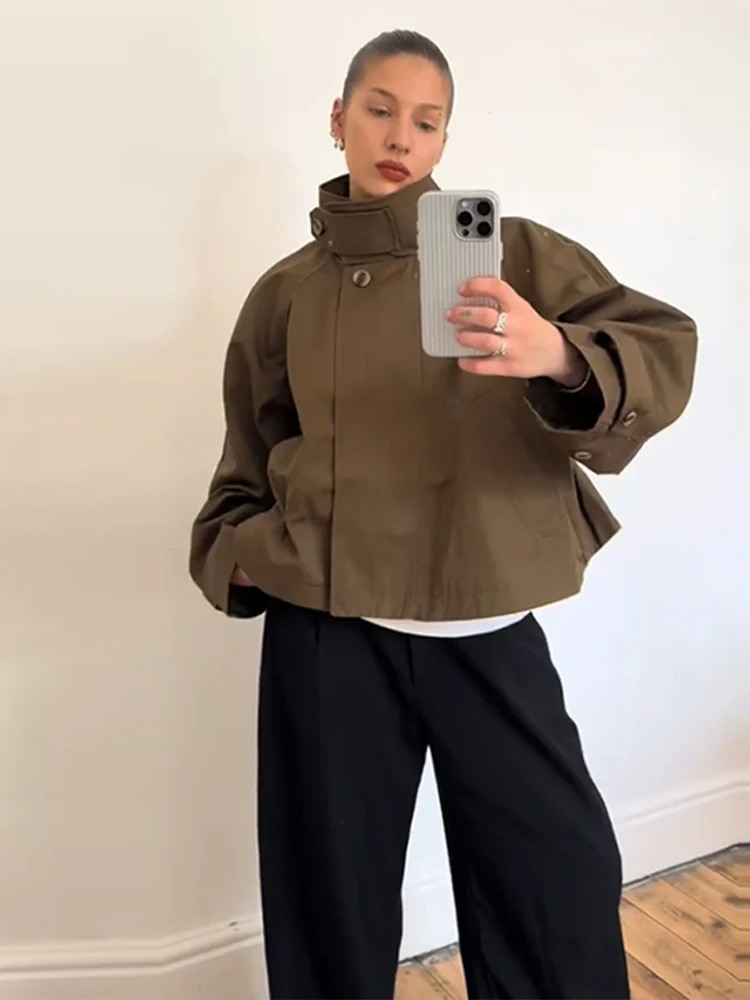 Fashion Womens Trench Jacket Stand Collar Single Breasted Long Sleeve Casual Outerwear 2025 Autumn Street Lady Short Coats 250929