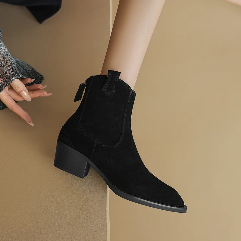 Winter Classic Chelsea Boots for Woman Cow Suede Pointy Toe Wedge Heel Ankle Boots Simple Comfortable Cowboy Boots Female 250930