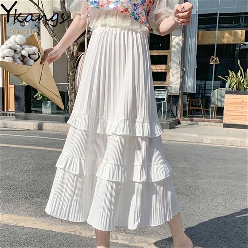 Women Pleated Skirt Black White Korean Style Long Summer Chiffon Layer Cake Sun Female Elegant 210619wtt