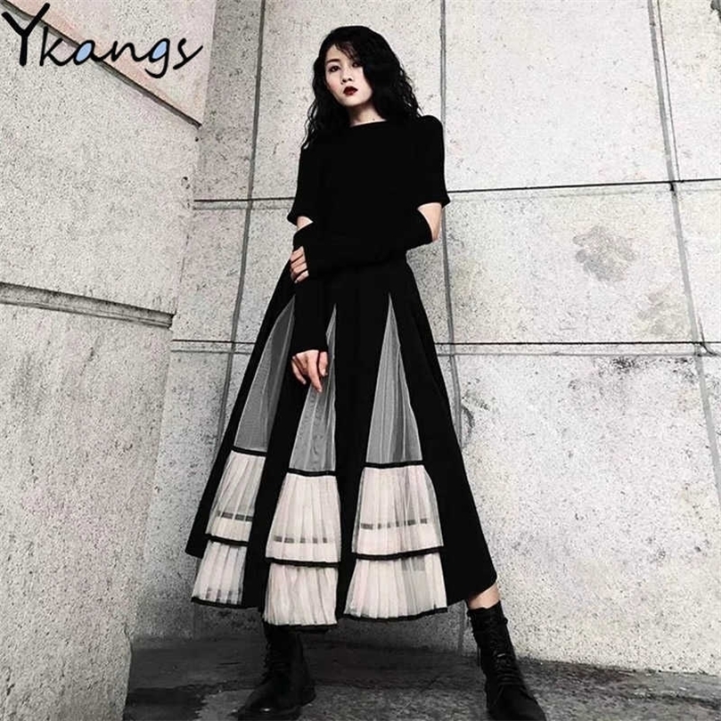 Vintage Elastic High Waisted Pleated Skirt Women Mesh Half Body A-line Long Bubble tulle Skirts Elegant Spring Summer 210619wtt