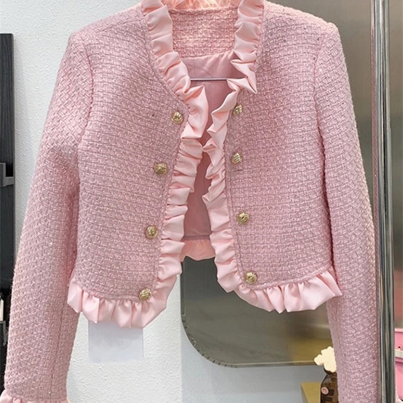 Ruffles Tweed Short Jackets n Coats Women Korean Double Breasted Chaquetas Cropped Tops Casual Slim Elegant Casacas 250120