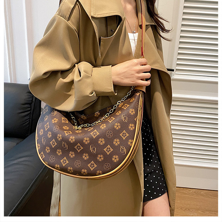 Free shipping Designer Coffee-Color Printed Crescent Hobo Bag With Chain Fashion Luxurious Chic Versatile Elegant Casual Handbag For Women