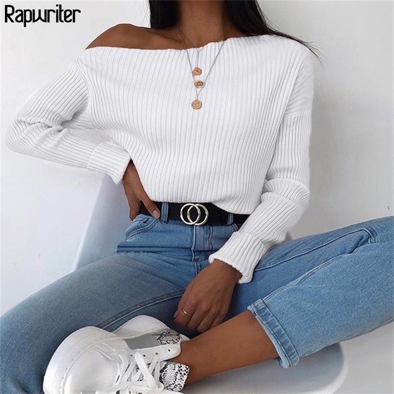 Rapwriter Off Shoudler Solid Ribbed Loose Knitted Sweater Women Streetwear Autumn Keep Warm Long Sleeve Pullover Top Winter 201030wtt