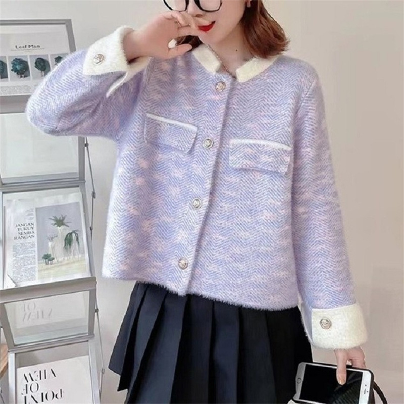 French style autumn and winter new design sense knitted cardigan women's jacket gradient stripe fake pocket coarse wool short coat stand fashion 