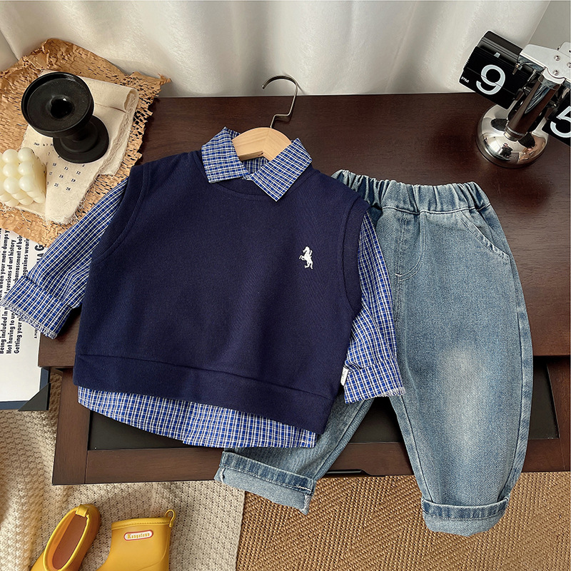 2025 New Spring Toddler Boys 3-Piece Set Sweater Vest Long-Sleeve Outfit Trendy Fashion for Spring & Autumn