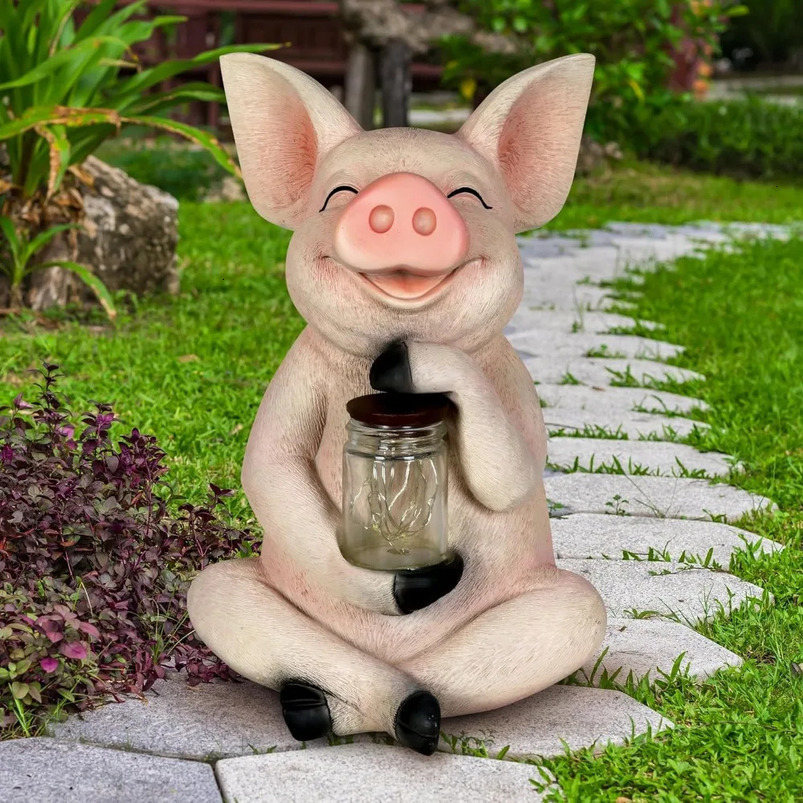 Garden Sculpture Pig Solar Statue with Glass Jar 8 LED Firefly Lights Outdoor Decoration 241024