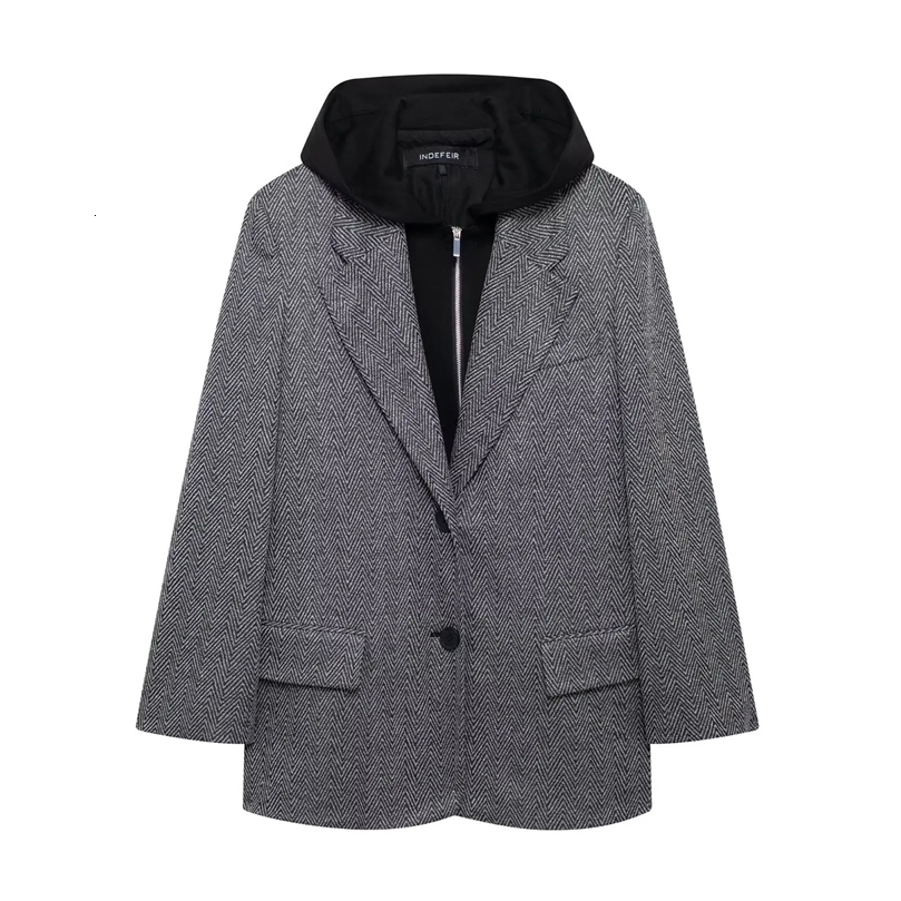 With Hoodies Blazer Womens Jackets Patchwork Outwear Button Long Sleeve Coat Gray Elegant Streetwear 250208