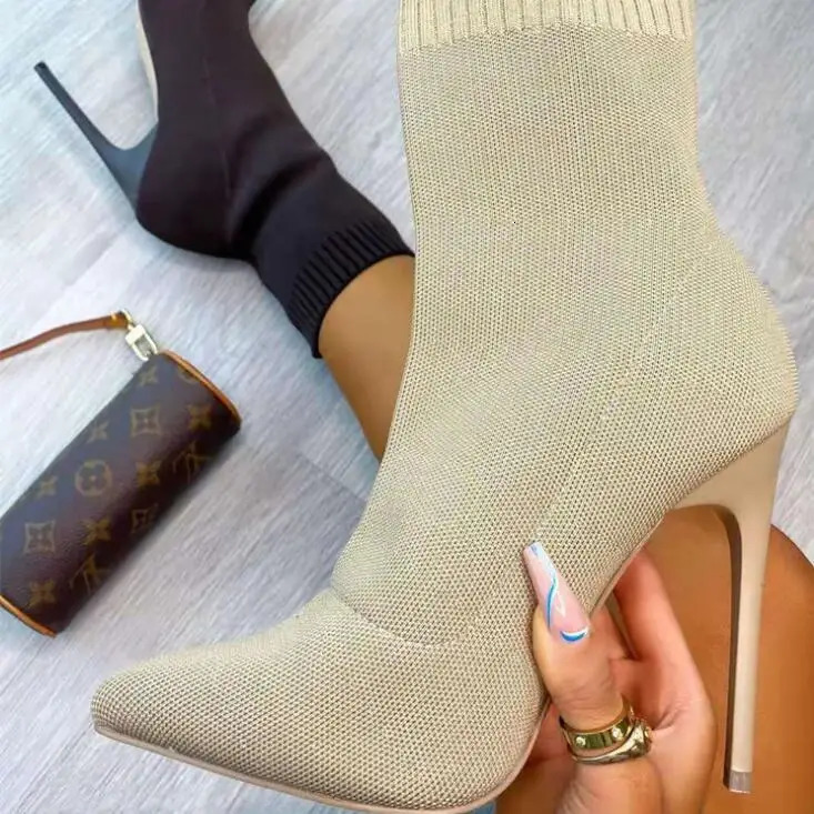 Women Socks Shoes Stretch Fabric Women Ankle Boots Pointed Toe High Heels SlipOn Sexy Sock Heeled Chelsea Boots Size 250930